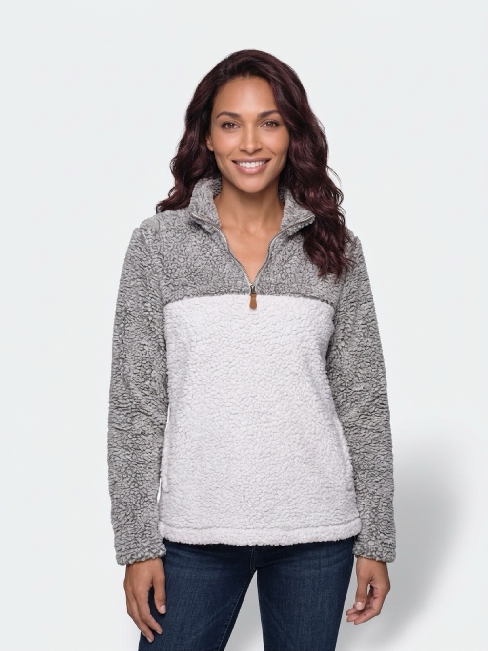 Women's Two-Tone Sherpa Half-Zip Pullover - Gray/White